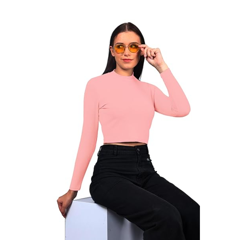 Women High Neck Pink Crop Top - Image 3