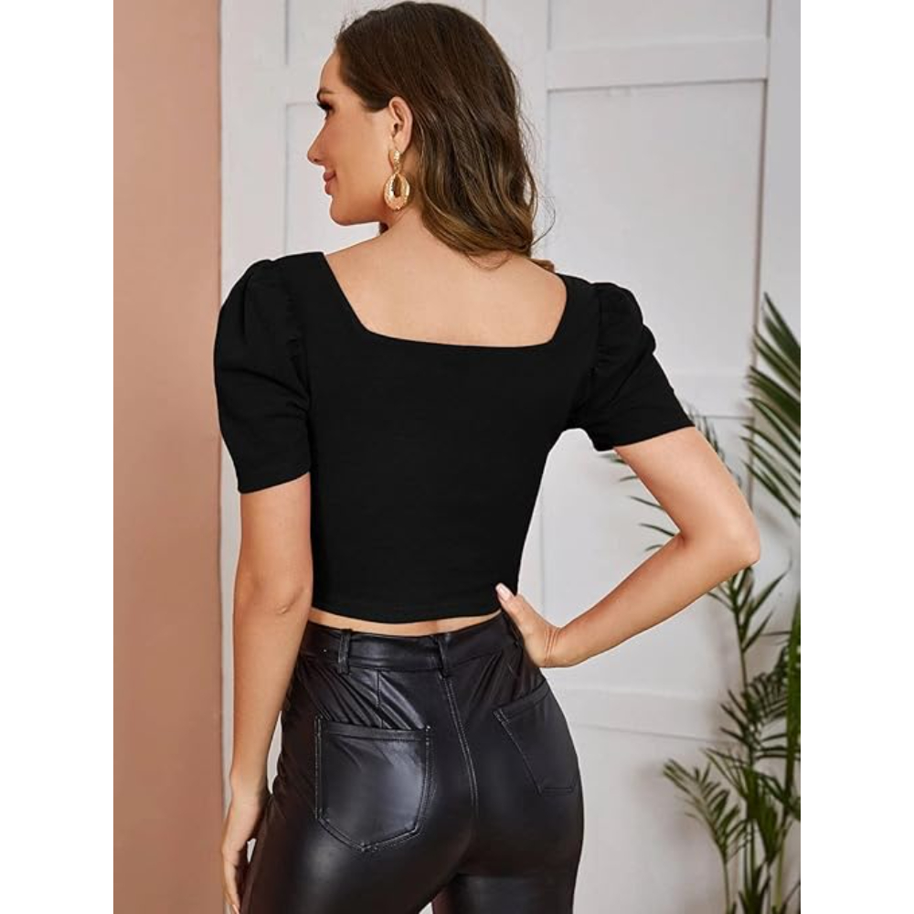 Women Puff Sleeve Black Crop Top - Image 2