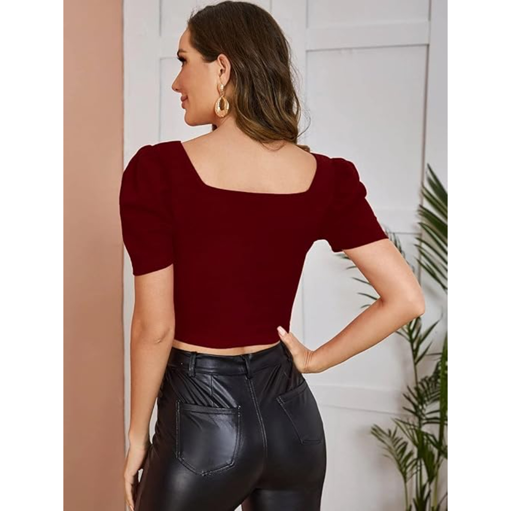 Women Puff Sleeve Maroon Crop Top - Image 2