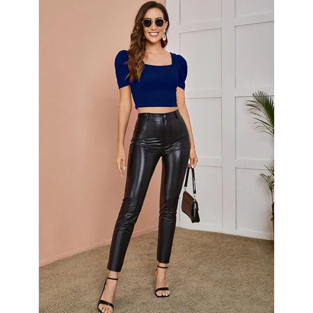 Women Puff Sleeve Navy Blue Crop Top - Image 3