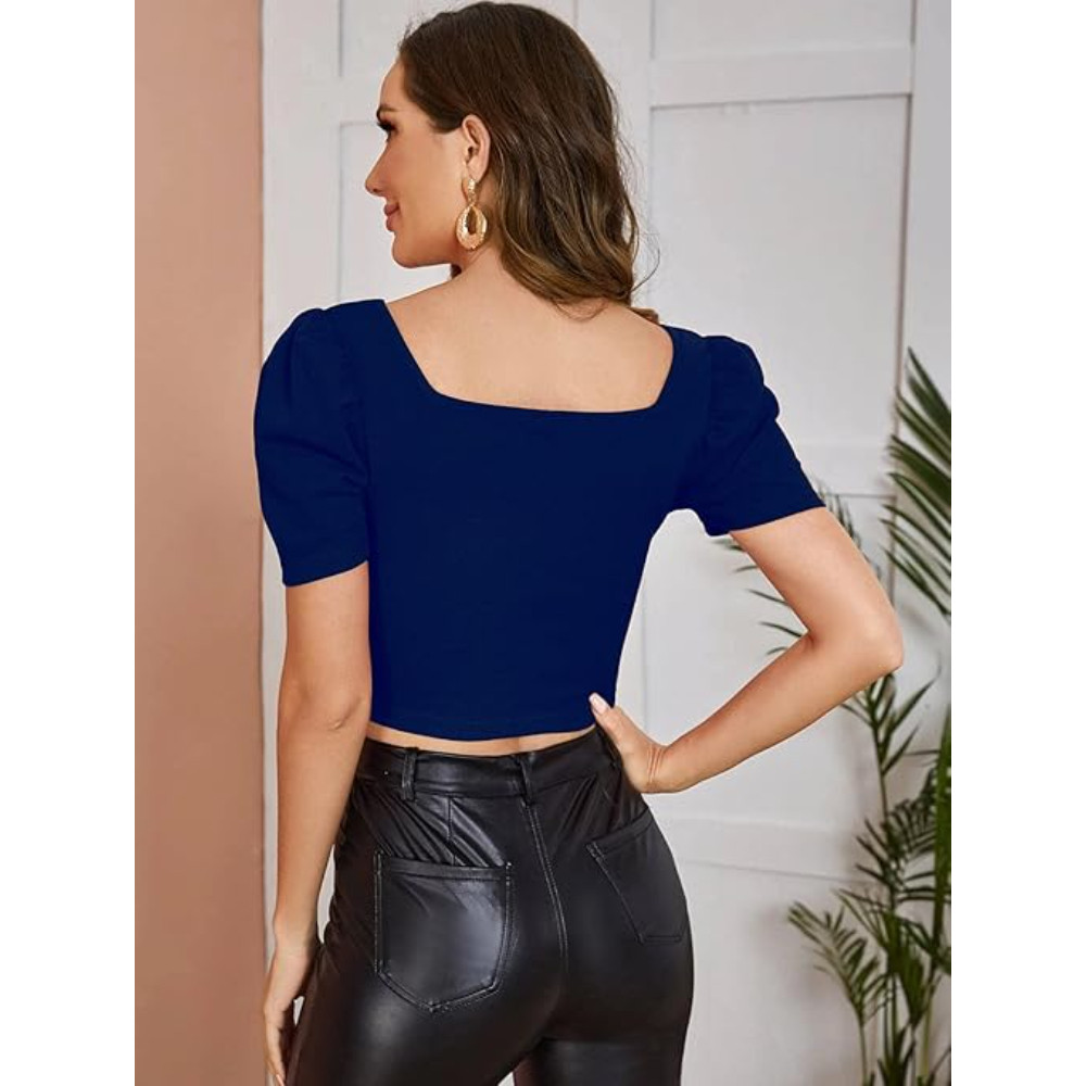 Women Puff Sleeve Navy Blue Crop Top - Image 2