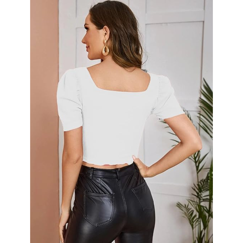 Women Puff Sleeve White Crop Top - Image 2