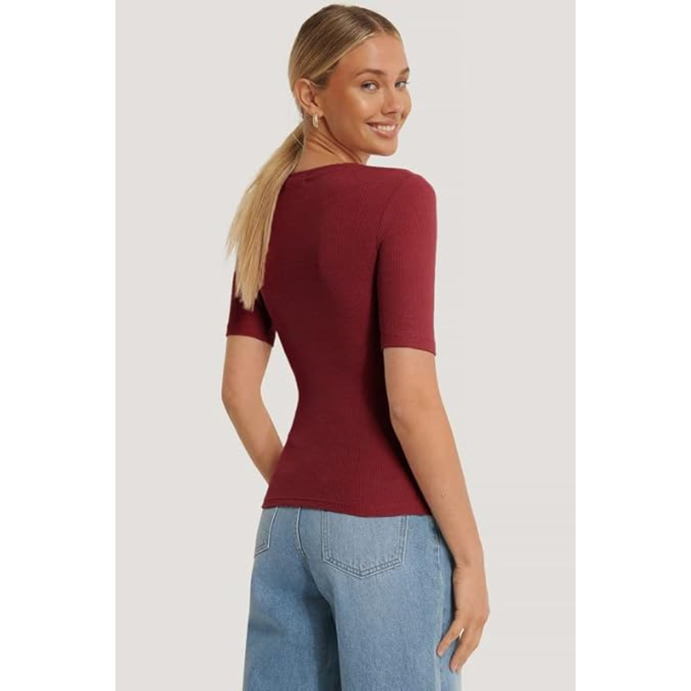 Women Round Neck Solid Maroon Top - Image 2