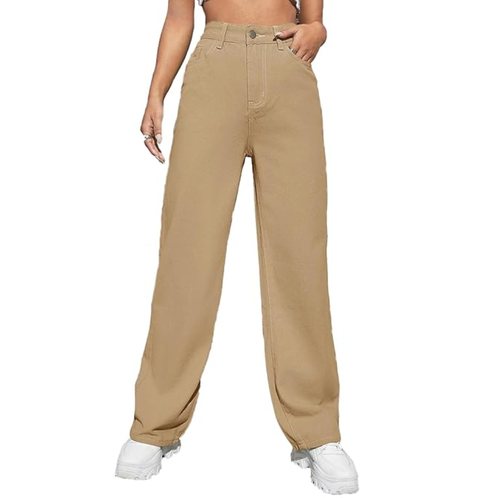 Womens High Rise Wide Beige Jeans - Image 3