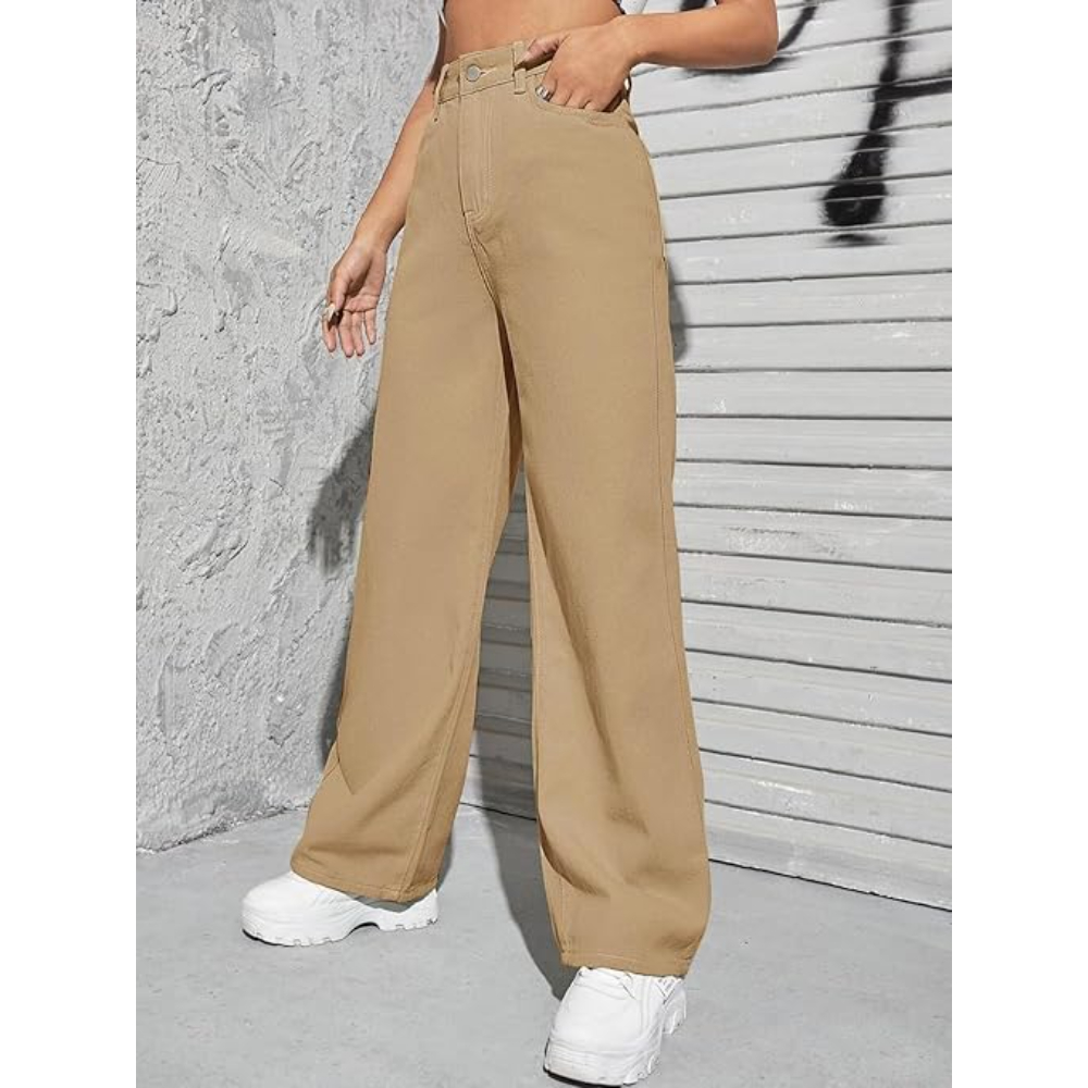 Womens High Rise Wide Beige Jeans - Image 2