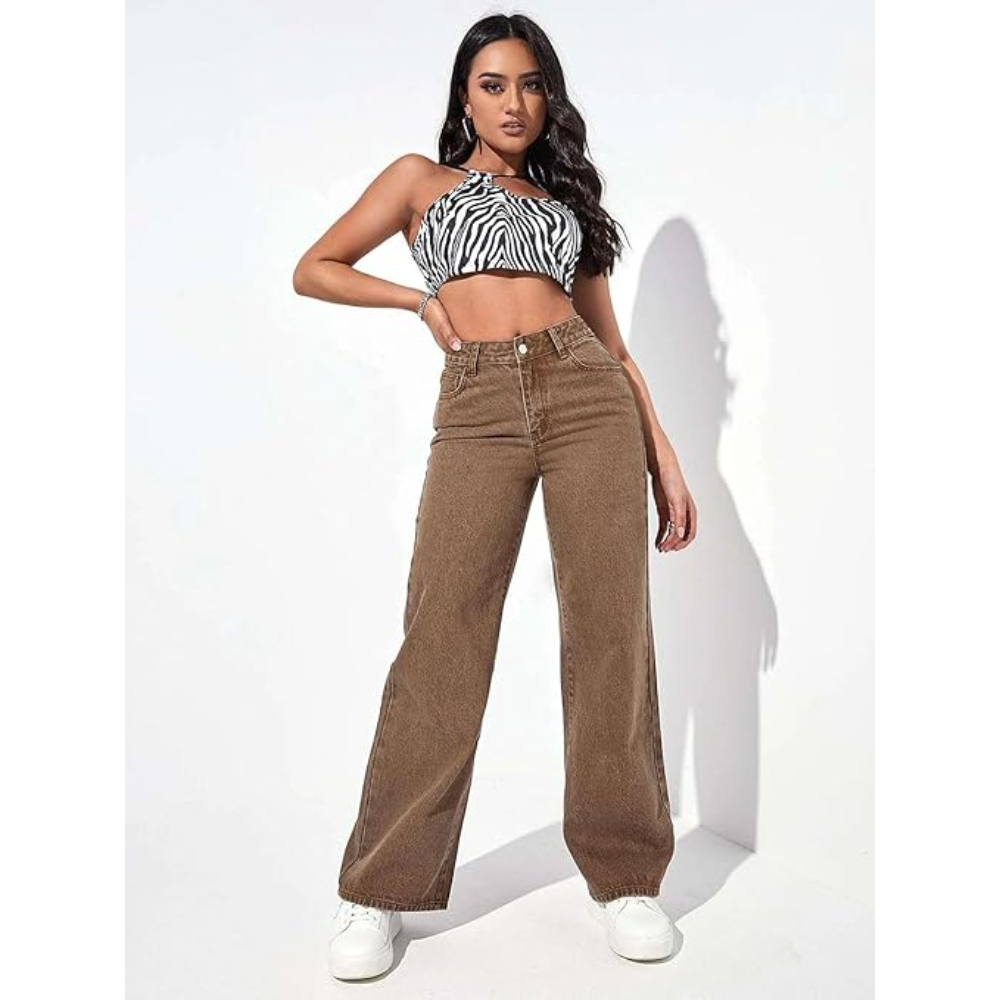 Womens High Rise Wide Brown Jeans - Image 2