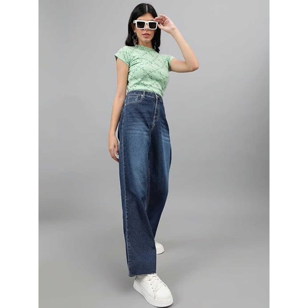 Womens High Rise Wide Mid Blue Jeans