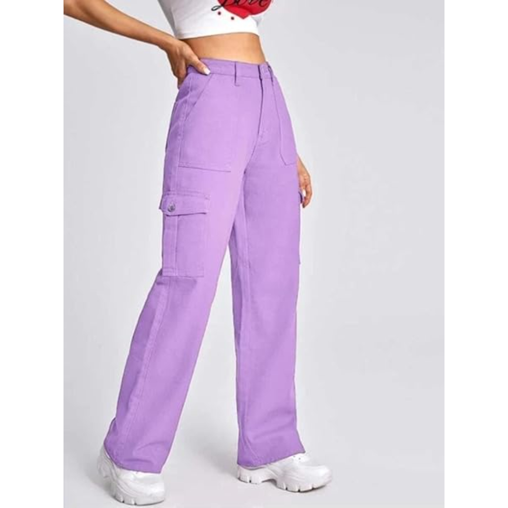 Women High Waist Cargo Lavender Jeans - Image 3