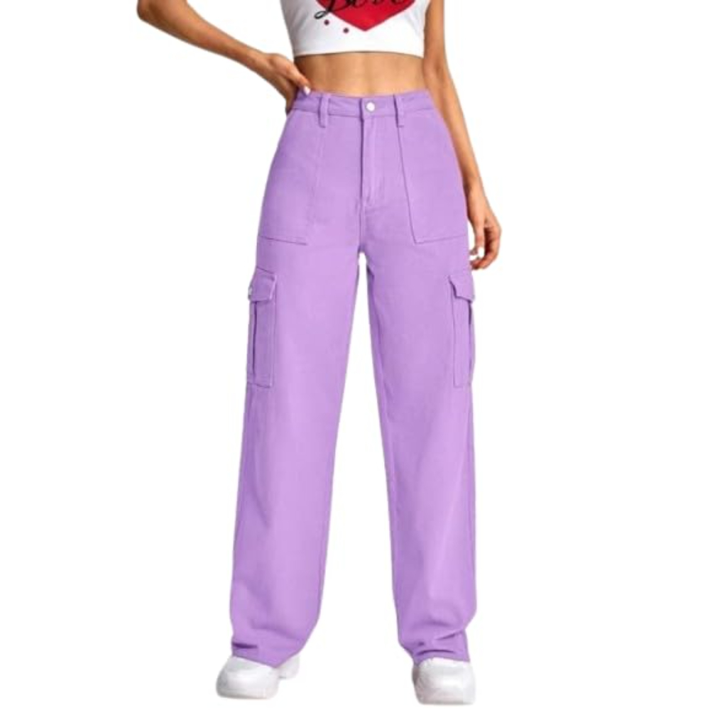 Women High Waist Cargo Lavender Jeans - Image 2
