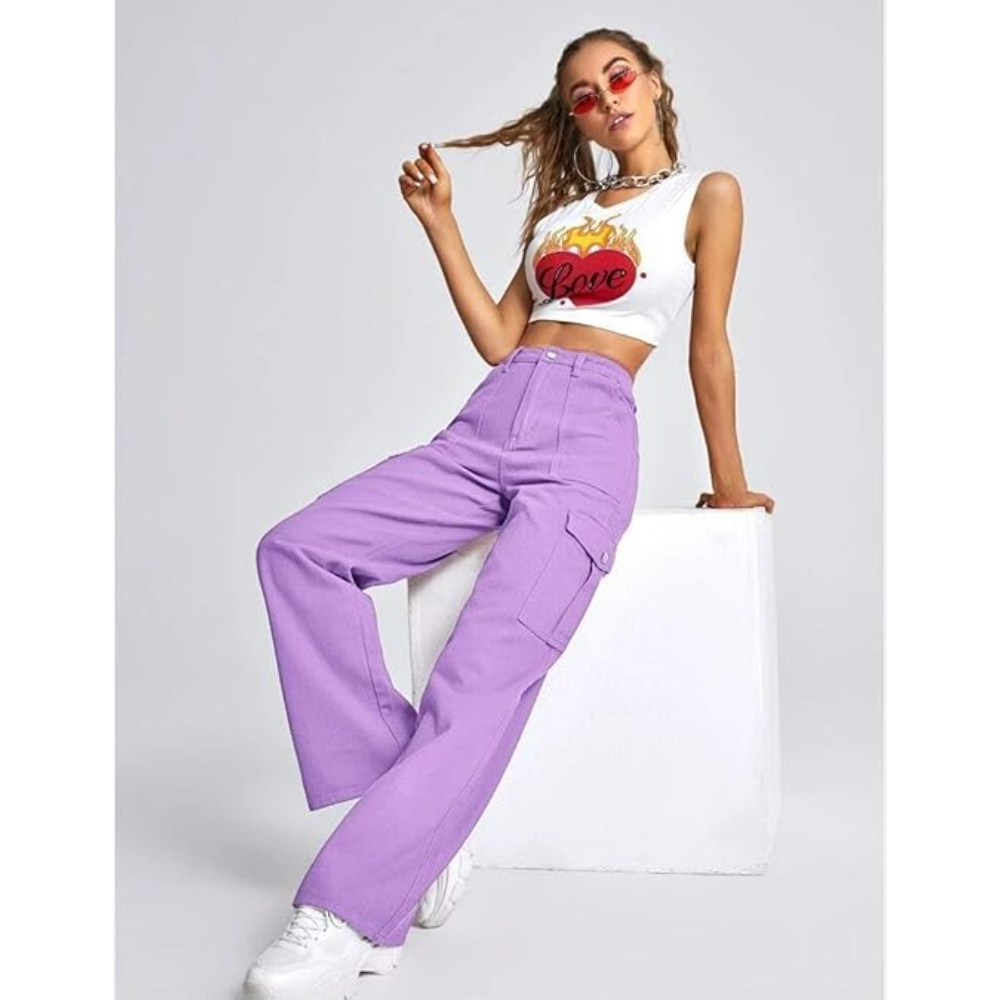 Women High Waist Cargo Lavender Jeans