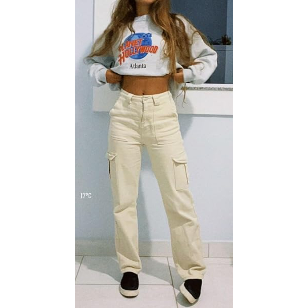 Women High Waist Cargo Cream Jeans - Image 3