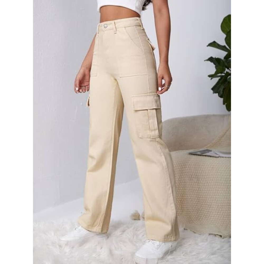 Women High Waist Cargo Cream Jeans - Image 2