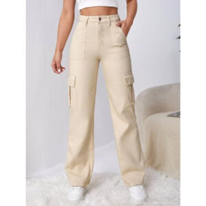 Women High Waist Cargo Cream Jeans