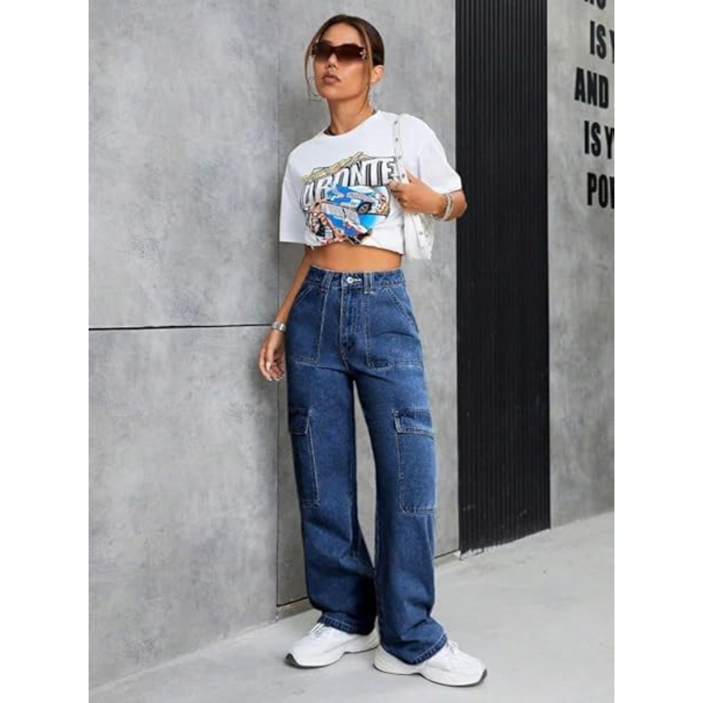 Women High Waist Cargo Dark Blue Jeans - Image 3