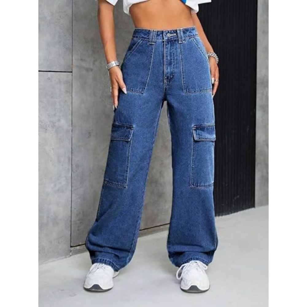 Women High Waist Cargo Dark Blue Jeans - Image 2