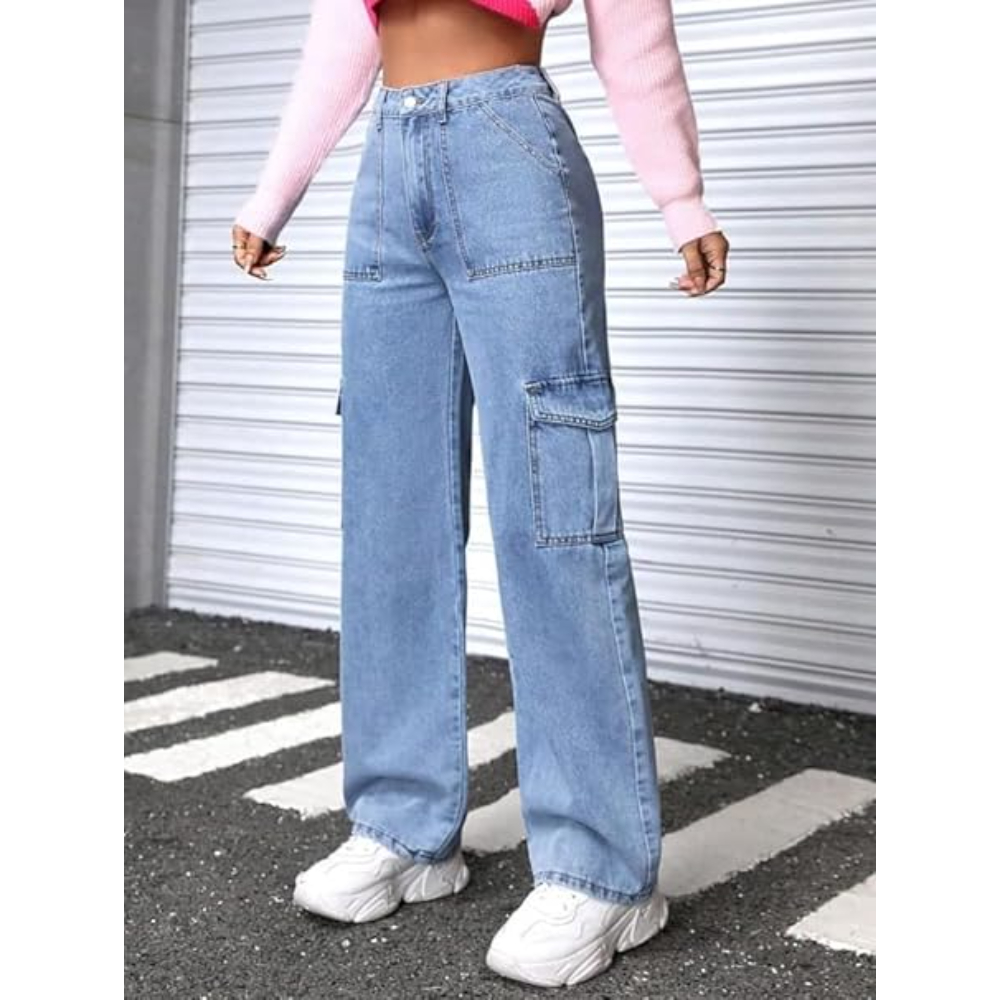 Women High Waist Cargo Light Blue Jeans - Image 3