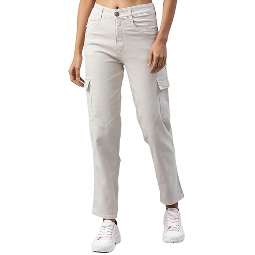 Women Stretchable Cargo Beige Joggers - Image 3