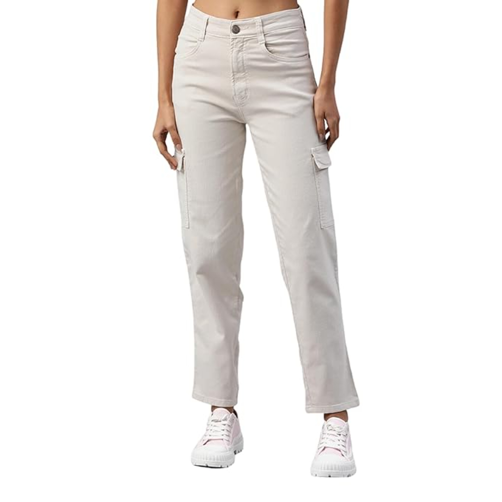 Women Stretchable Cargo Beige Joggers - Image 2