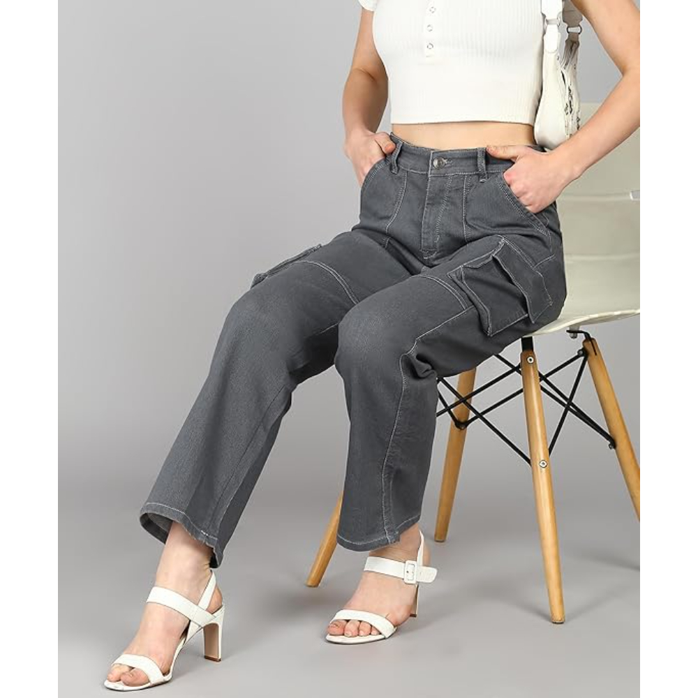 Women Cargo Light Grey Jeans - Image 3