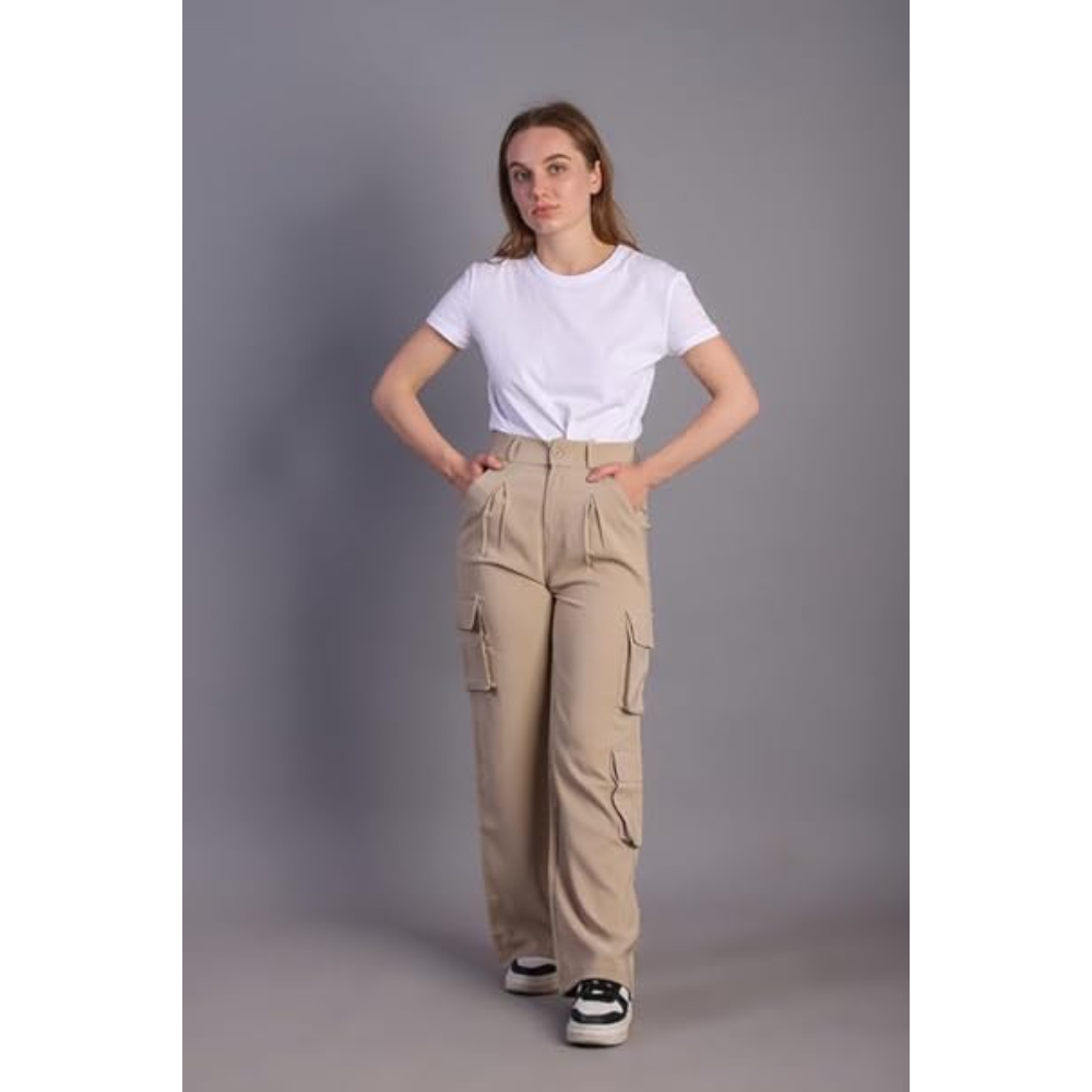 Women Korean Cargo Beige Pants - Image 3