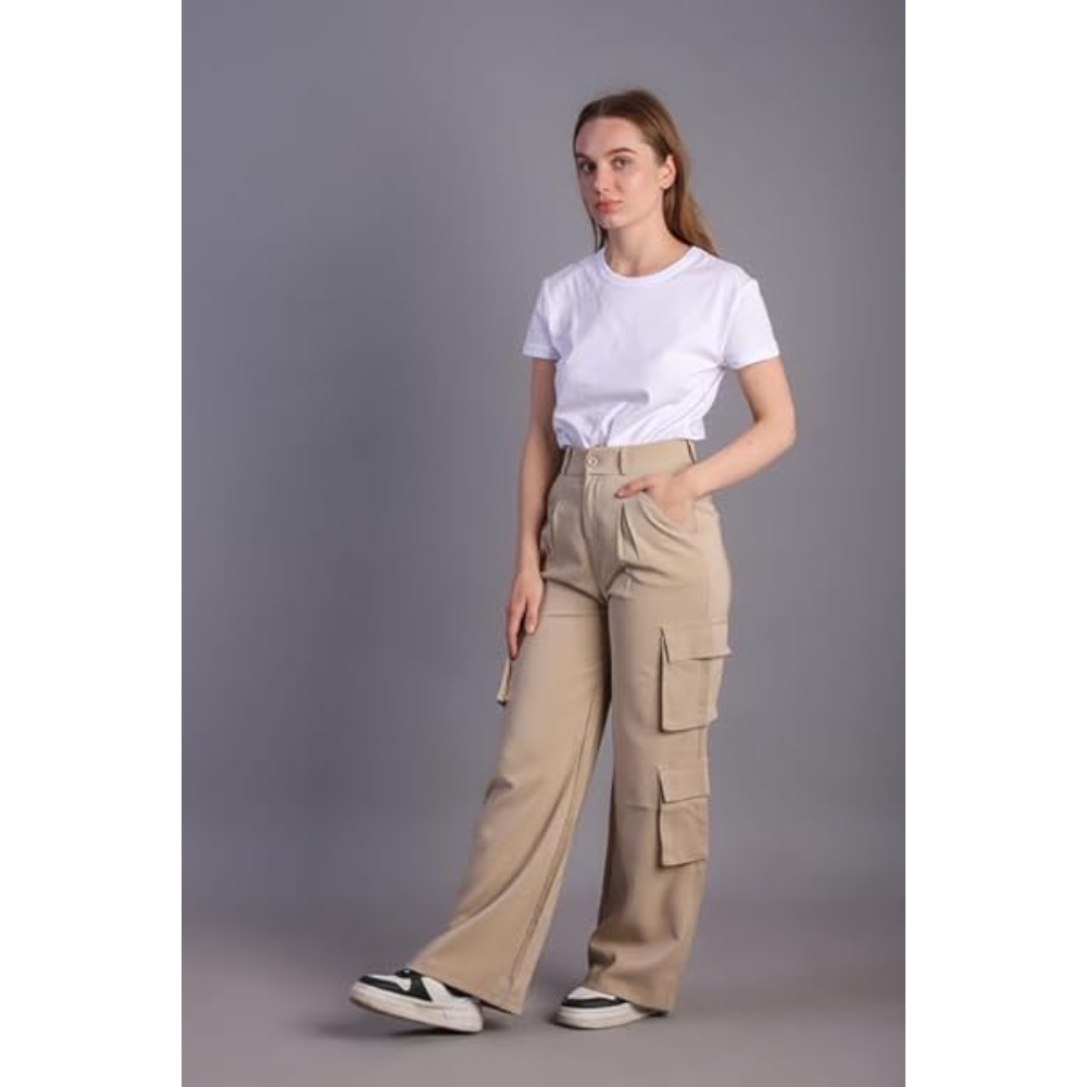 Women Korean Cargo Beige Pants - Image 2