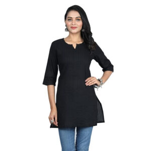Black Women Cotton V-Neck Short Kurtis