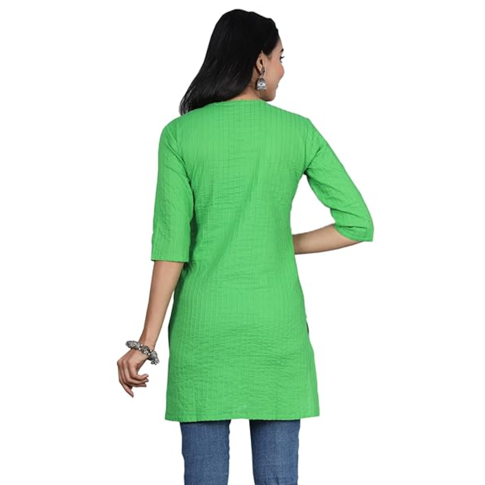 Green Women Cotton V-Neck Short Kurtis - Image 3