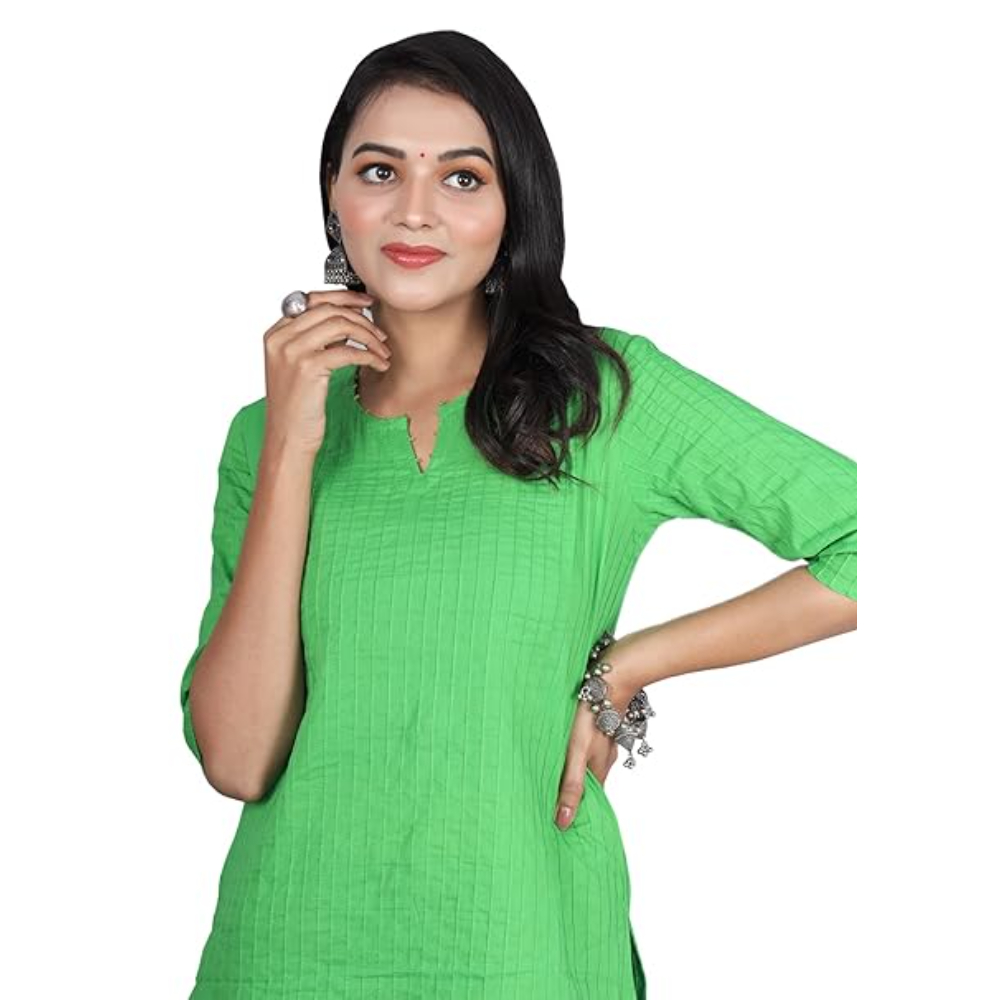 Green Women Cotton V-Neck Short Kurtis - Image 2