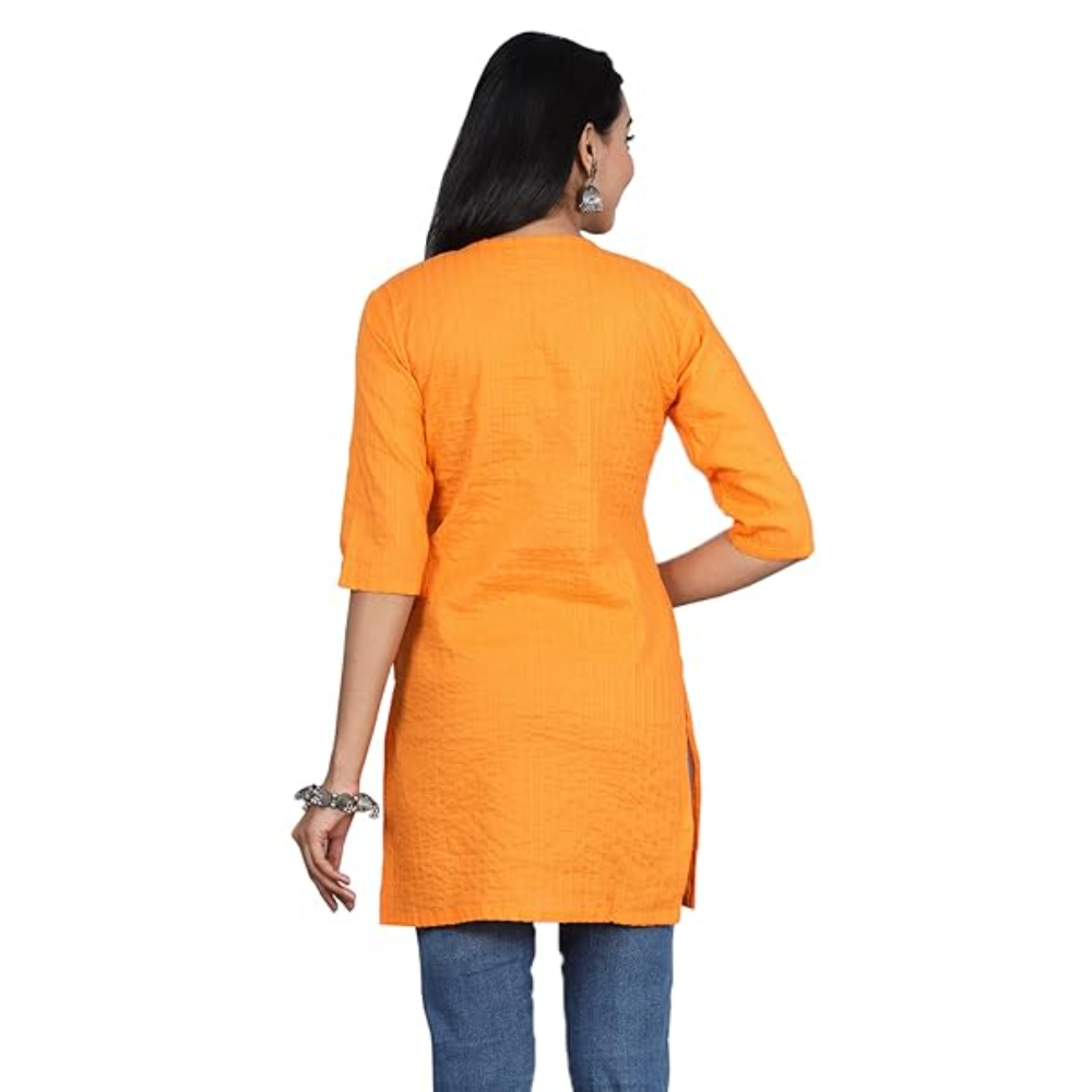 Orange Women Cotton V-Neck Short Kurtis - Image 3