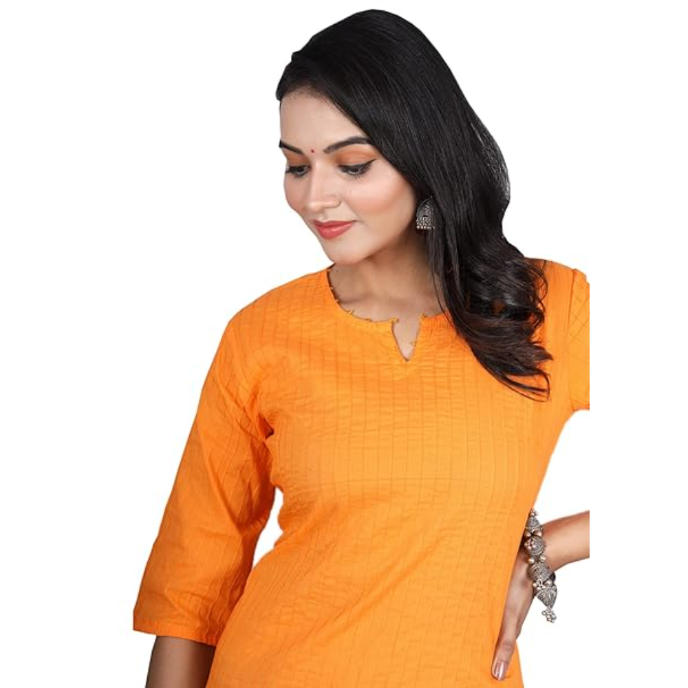 Orange Women Cotton V-Neck Short Kurtis - Image 2