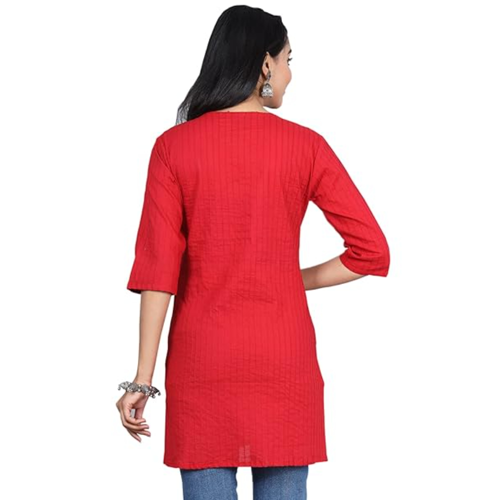 Red Women Cotton V-Neck Short Kurtis - Image 3