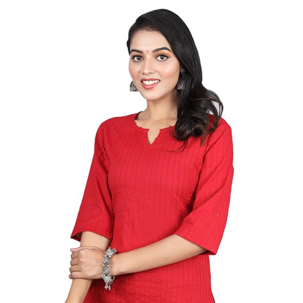 Red Women Cotton V-Neck Short Kurtis - Image 2