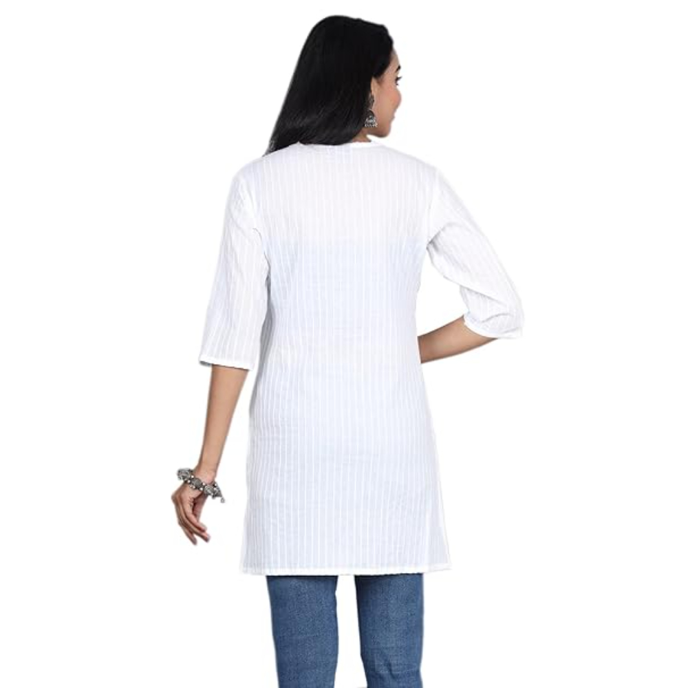 White Women Cotton V-Neck Short Kurtis - Image 3