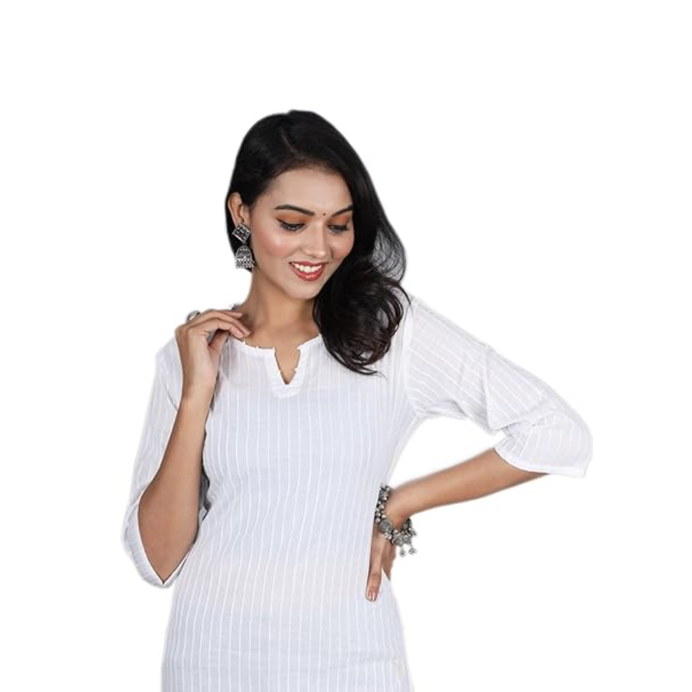 White Women Cotton V-Neck Short Kurtis - Image 2