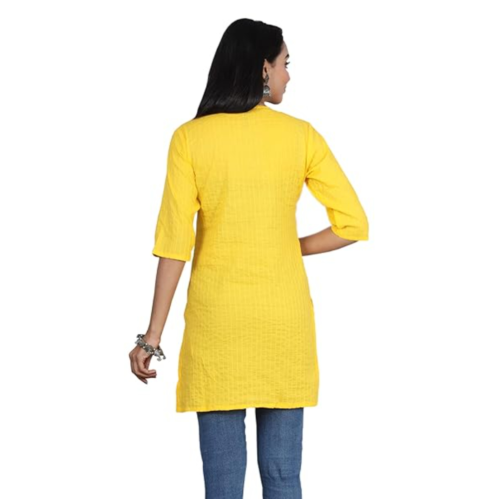 Yellow Women Cotton V-Neck Short Kurtis - Image 3