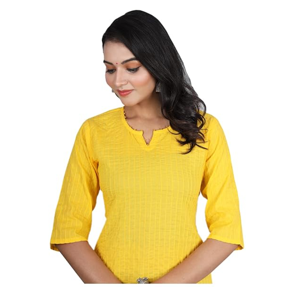 Yellow Women Cotton V-Neck Short Kurtis - Image 2
