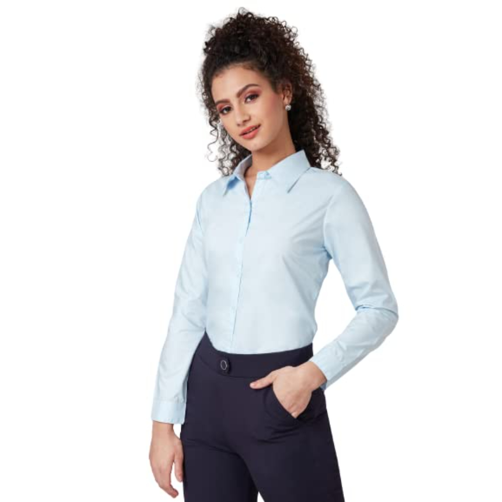 Women Cotton Regular Formal Sky Blue Shirt - Image 3