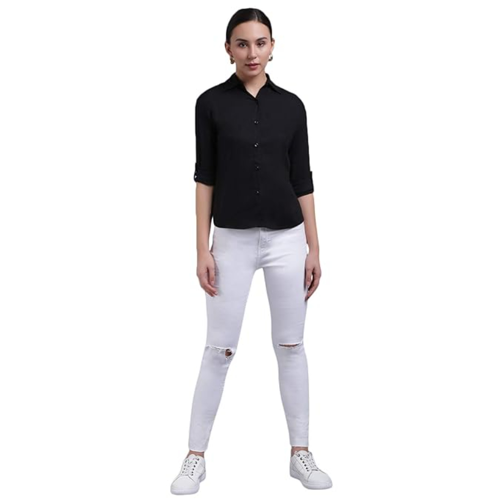 Women Long Sleeves Cotton Black Shirt - Image 3