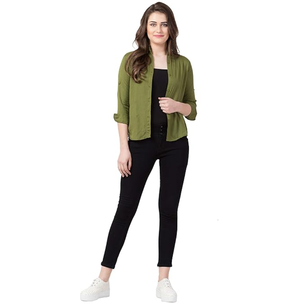 Women Long Sleeves Cotton Green Shirt - Image 3