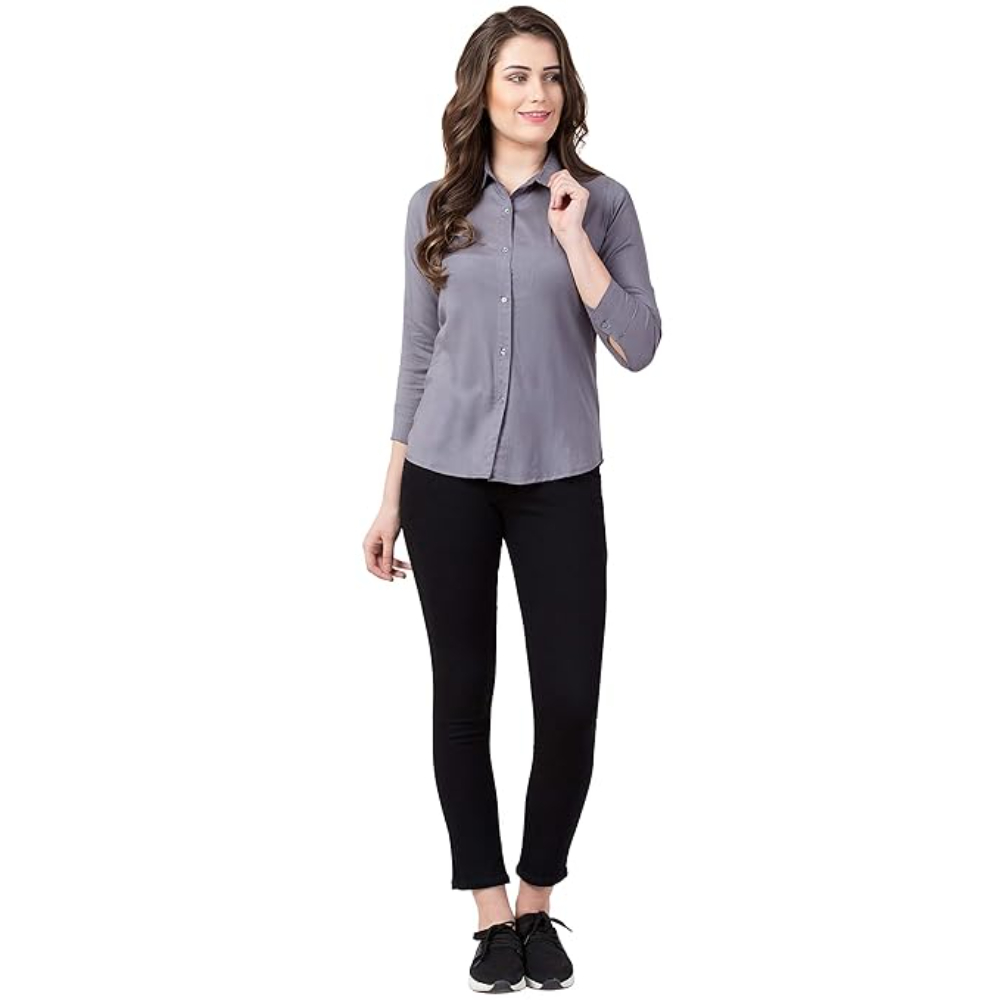 Women Long Sleeves Cotton Grey Shirt - Image 3