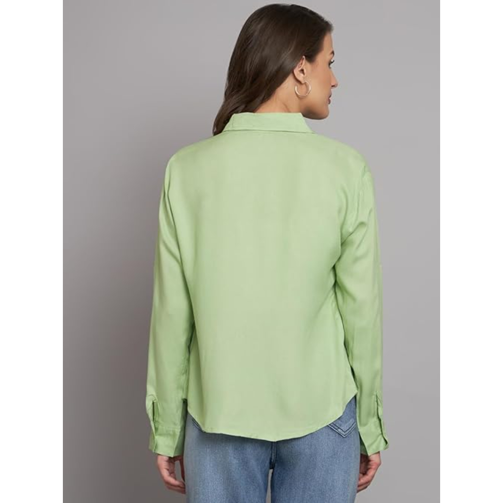 Women Long Sleeves Cotton Pista Green Shirt - Image 2