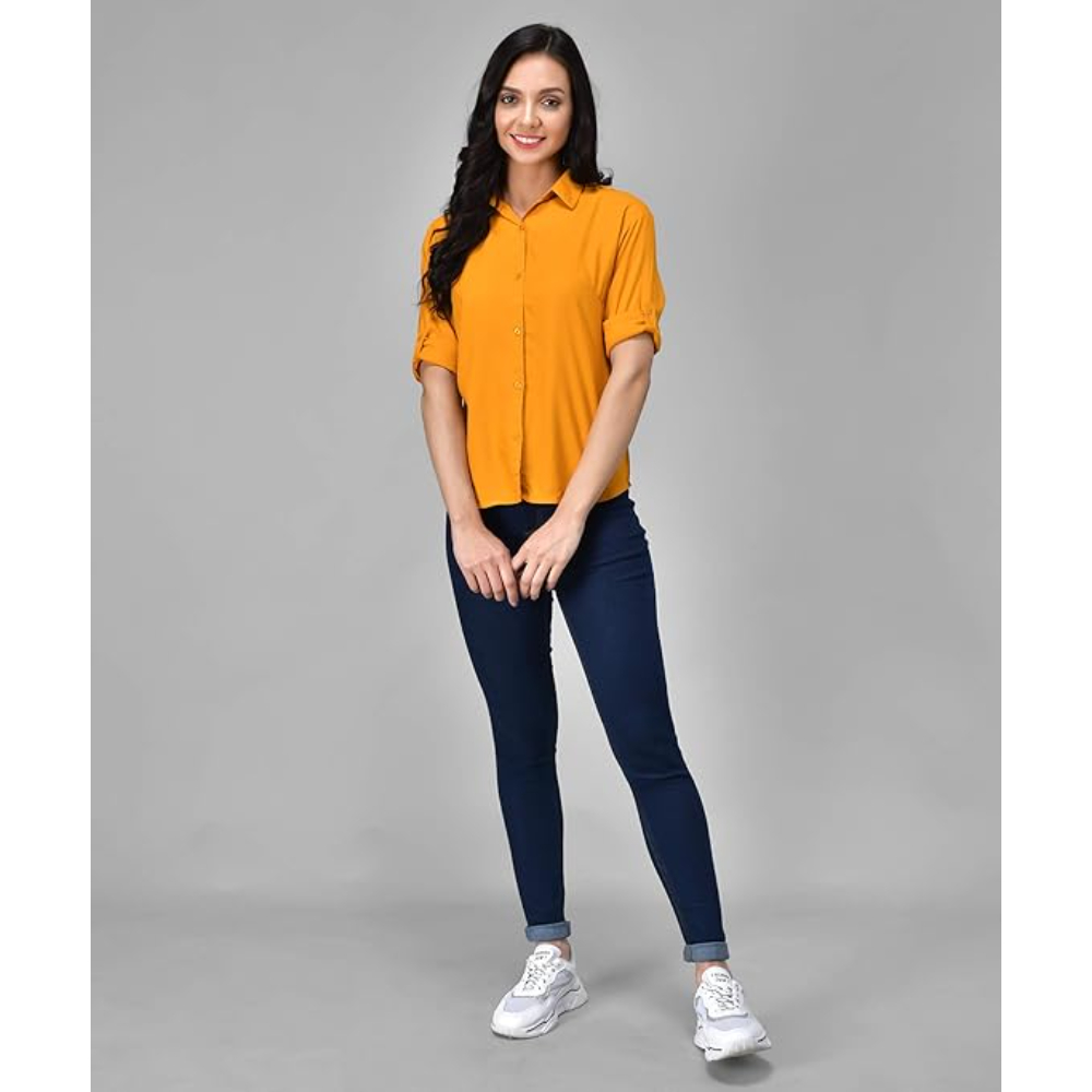 Women Long Sleeves Cotton Mustard Yellow Shirt - Image 3