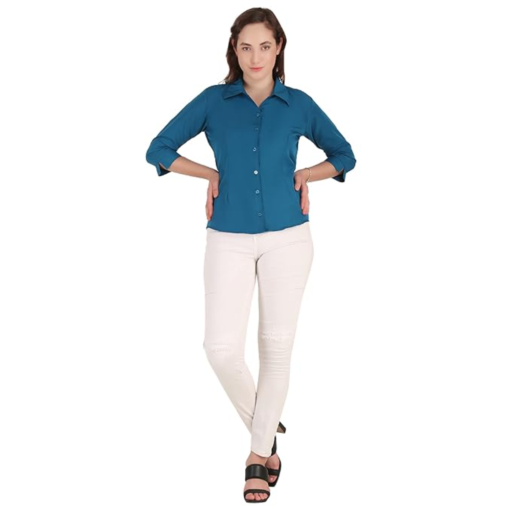 Women Formal Cotton Ferozi Shirt - Image 3