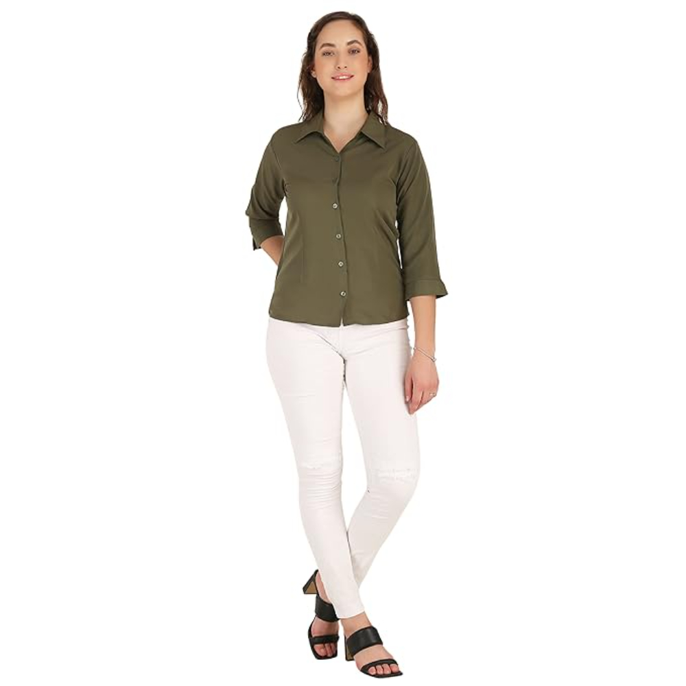 Women Formal Cotton Light Olive Green Shirt - Image 3