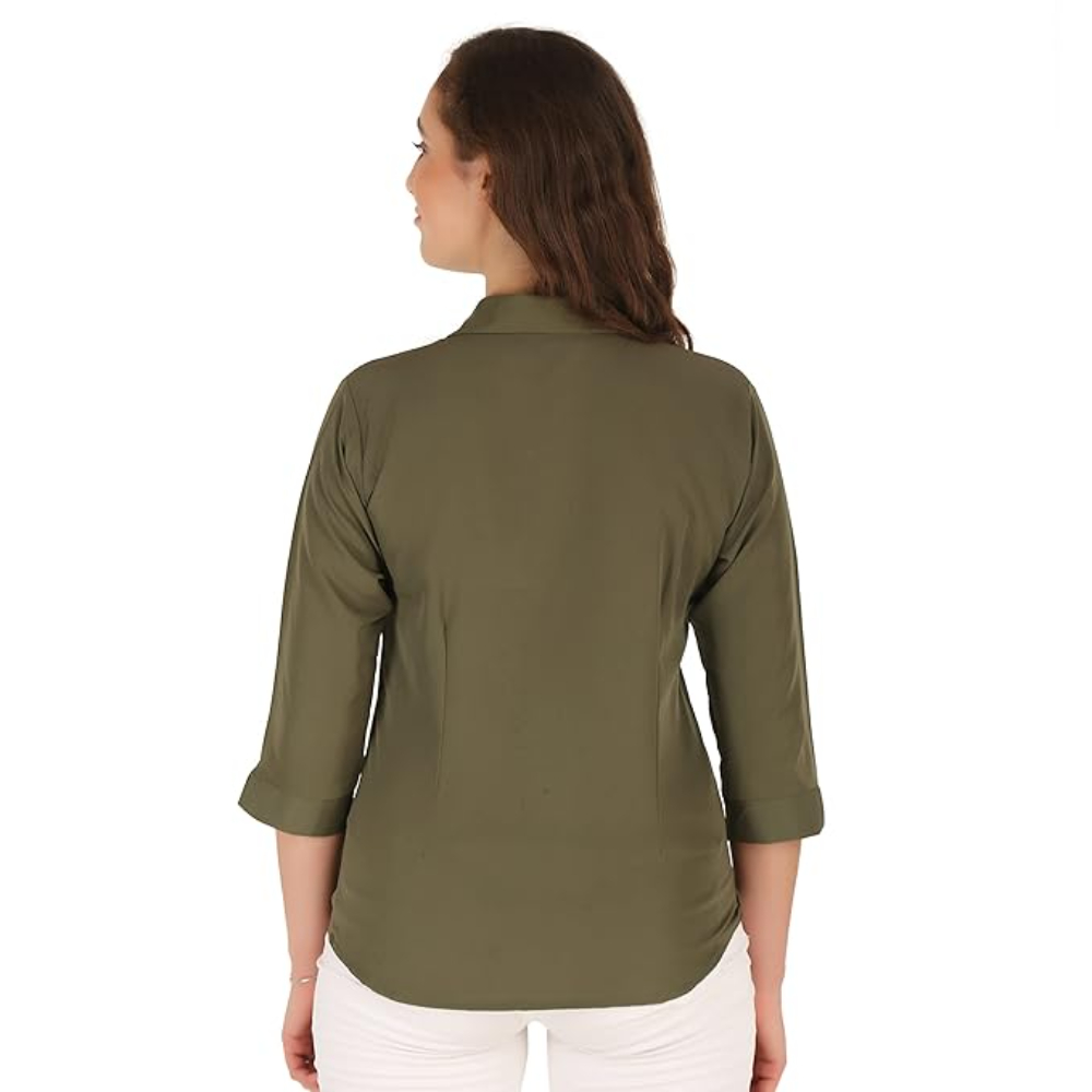 Women Formal Cotton Light Olive Green Shirt - Image 2