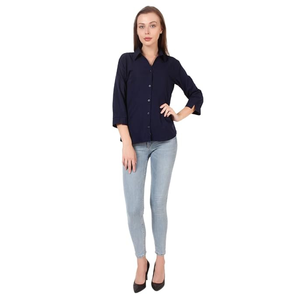 Women Formal Cotton Navy Blue Shirt - Image 3