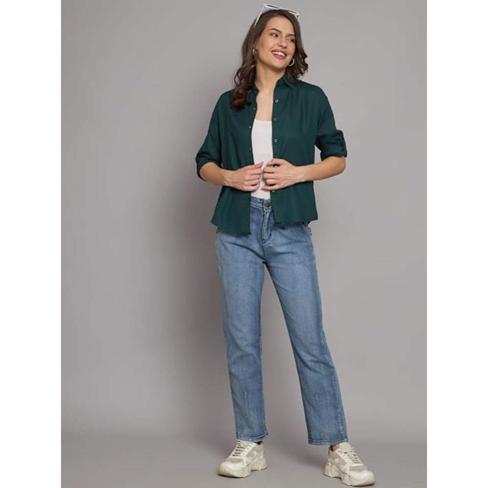 Women Solid Casual Dark Green Shirt - Image 3