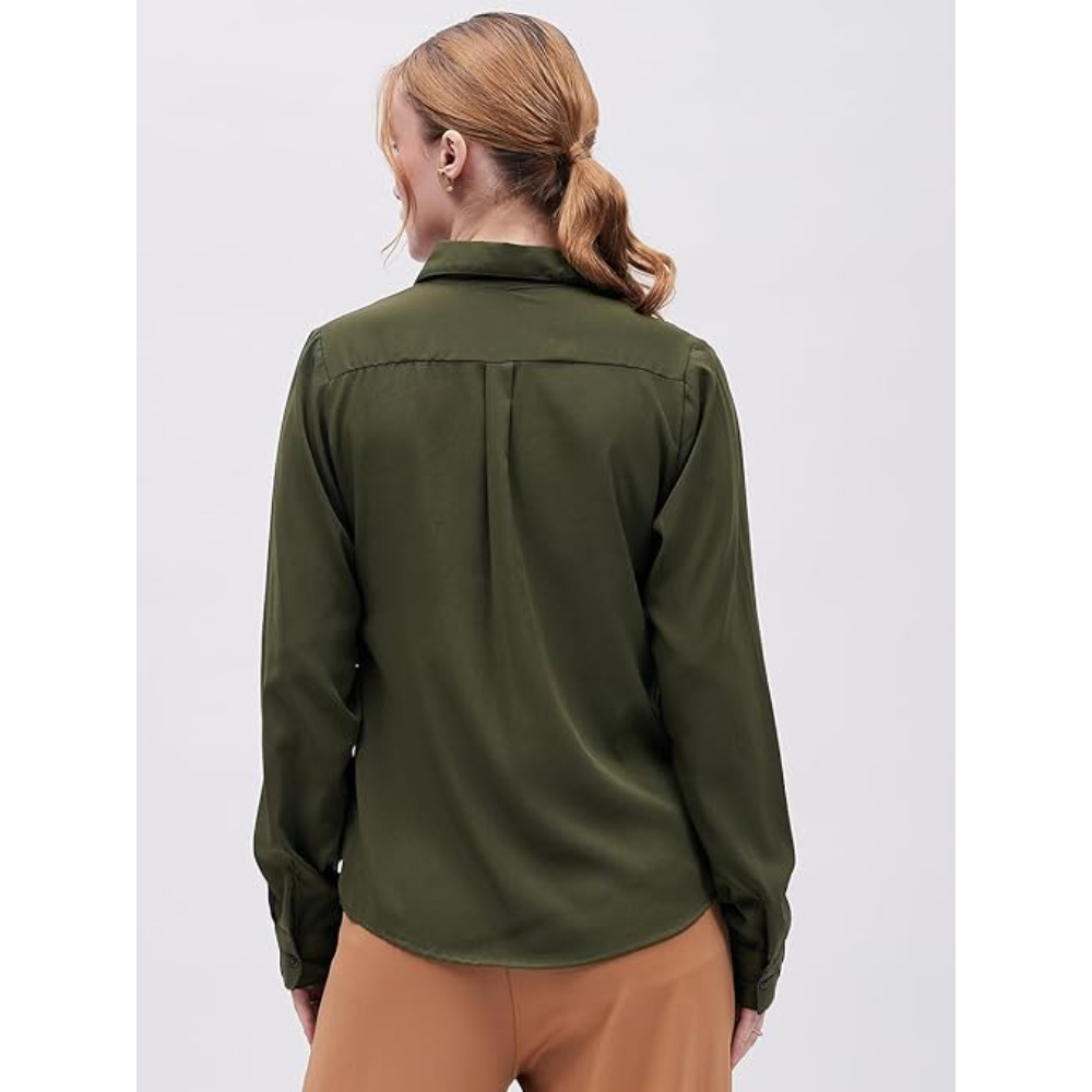 Women Formal Solid Satin Green Shirt - Image 2
