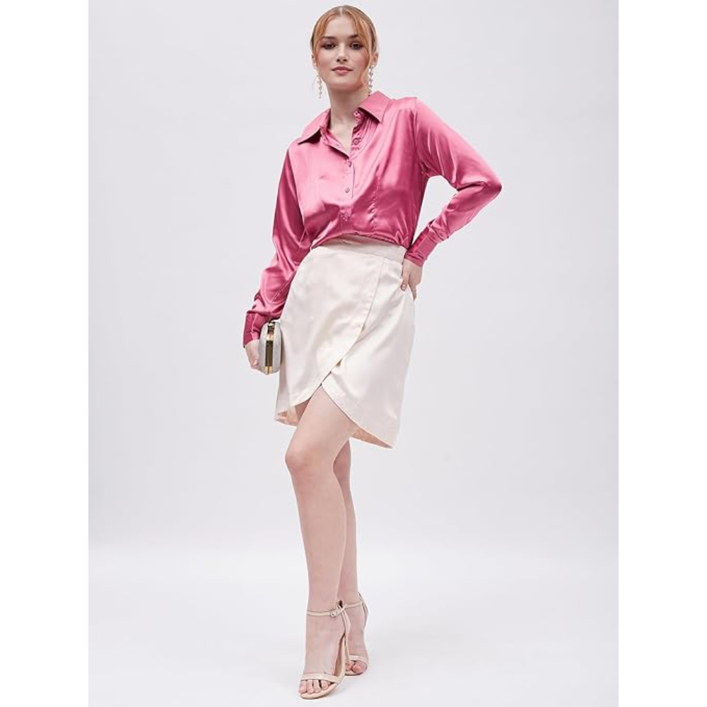 Women Formal Solid Satin Pink Shirt - Image 3