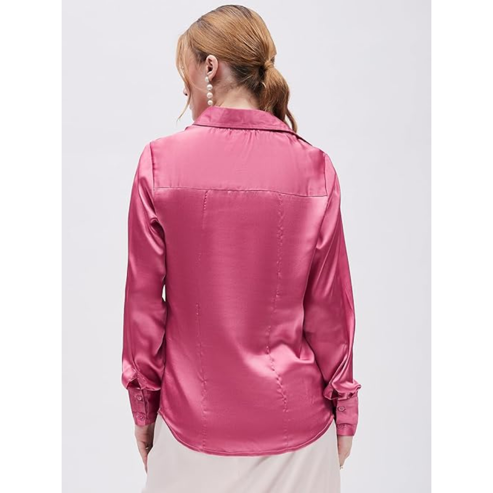 Women Formal Solid Satin Pink Shirt - Image 2